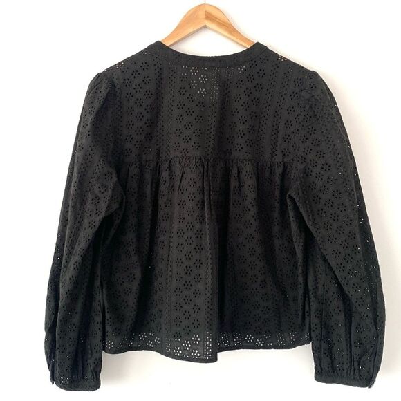 Madewell Black Cotton Eyelets Lace Puff Long Sleeve Blouse Peasant Preppy Boho L - Picture 9 of 9